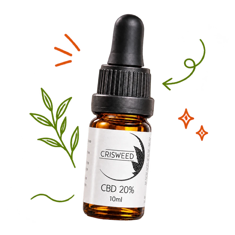 Boccetta Crisweed olio CBD 20% da 10 ml, scontornata e accompagnata da doodle botanici verdi e arancioni
